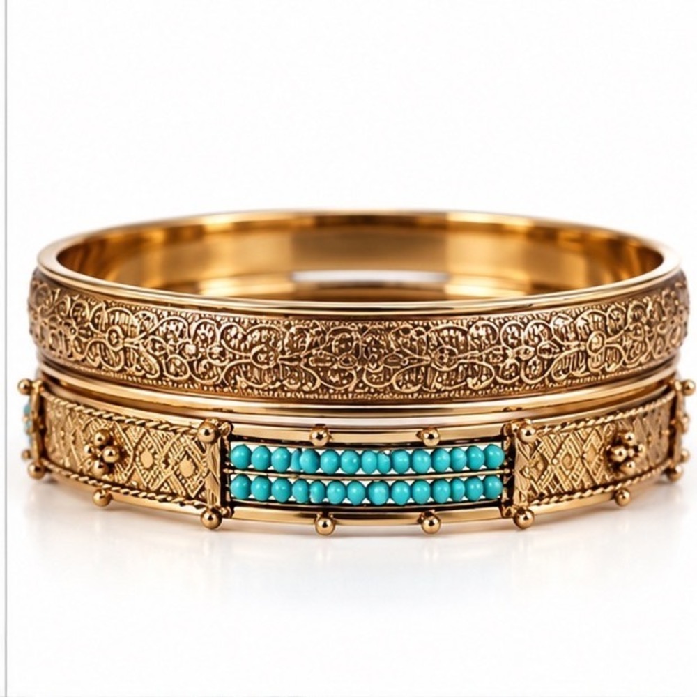 Filigree Southwestern Bangle Bracelet Set 2pc Sky Blue Caged Studded Gold Tone
